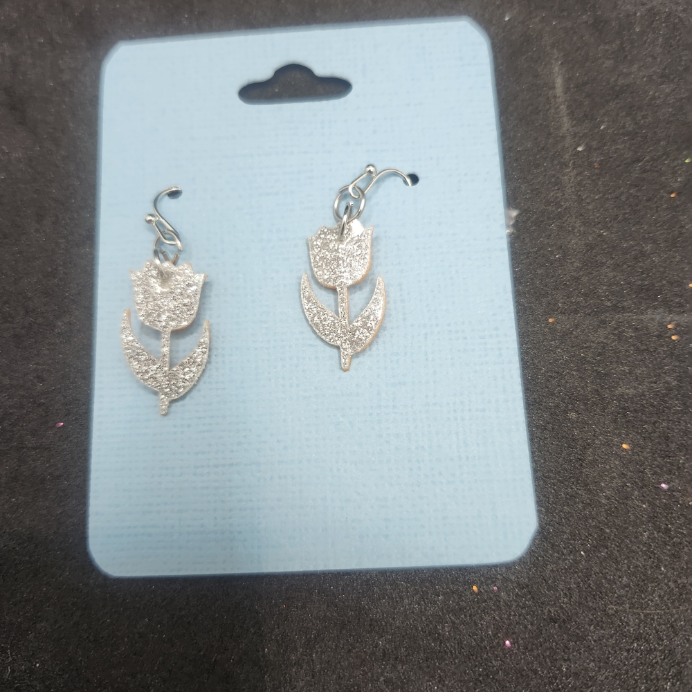 Hand Crafted Faux Leather Dangle Elegant Silver Floral Earrings